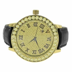 Gold Canary Simulated Diamond 1 Row Prong Bezel Roman Face Men's Ice House Watch - Picture 1 of 6