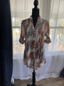 Chaudry KC Boho Button Down Shirt Size L Peacock Feather Print - Picture 1 of 6