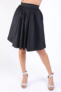 Women's Casual Elastic High Waist Pleated Midi Flare Black Skirt Size S/M/L - Picture 1 of 8