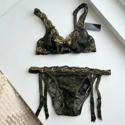 BNWT 8 Huit France AMBRE Green Bra and Garter Panty 30C / 10 (M) Bronze - Image 1 of 4