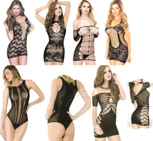 Body Stocking Body Stocking Bodydoll Fishnet Babydoll Mini Abito Bodycon Orsacchiotto Pizzo Trasparente - Foto 1 di 19