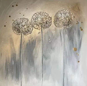 Splendido dipinto originale astratto su tela floreale - grigio/argento/oro - Foto 1 di 4
