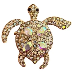 Turtle Brooch Rhinestone Pin Gold Tone Iridescent Shell Animal Jewelry No Reserv - Picture 1 of 6