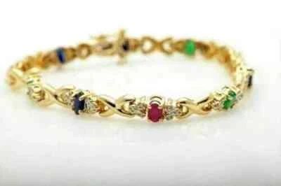 4Ct Round Cut Lab Created Red Ruby Womens Tennis Bracelet 14K Yell Gold Plated7" - Image 1 of 4