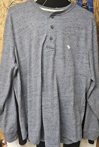 ABERCROMBIE & FITCH SOFT A&F 3- button No Collar Polo Grey/Blue Long-Sleeve Sz L