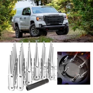 For GMC Canyon 2015-2022 24PCS Chrome Spike Lug Nuts 14x1.5 4.4" Tall+Key Steel - Picture 1 of 11