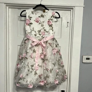 Think Pink Bows Girls 12 Dress Lined 3-D Floral Sleeveless Pink Tie Belt NWOT - Picture 1 of 8