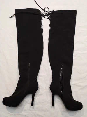 Botas hasta la rodilla Madeline Girl para mujer 6,5 tacón de aguja encaje cremallera negro sensación de gamuza Foto 1 de 4