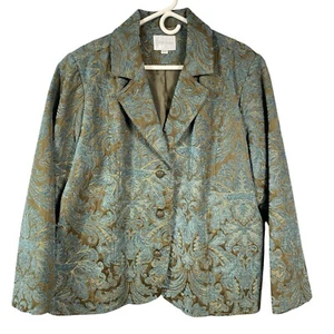 Erin London SZ 2X Blazer Lined Jacket Jacquard Tapestry Velvet Teal Gold Brown - Picture 1 of 21