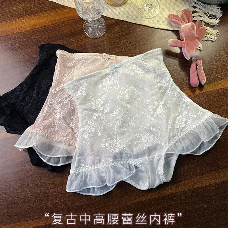 3 件装卡哇伊女孩洛丽塔荷叶边蕾丝内裤高腰内裤 — 第 1/4 张图片