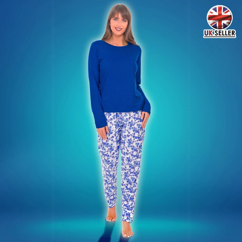 Nikaro Women's Long Sleeve Pyjamas 100% Cotton PJ Set with Navy Crew Neck Top