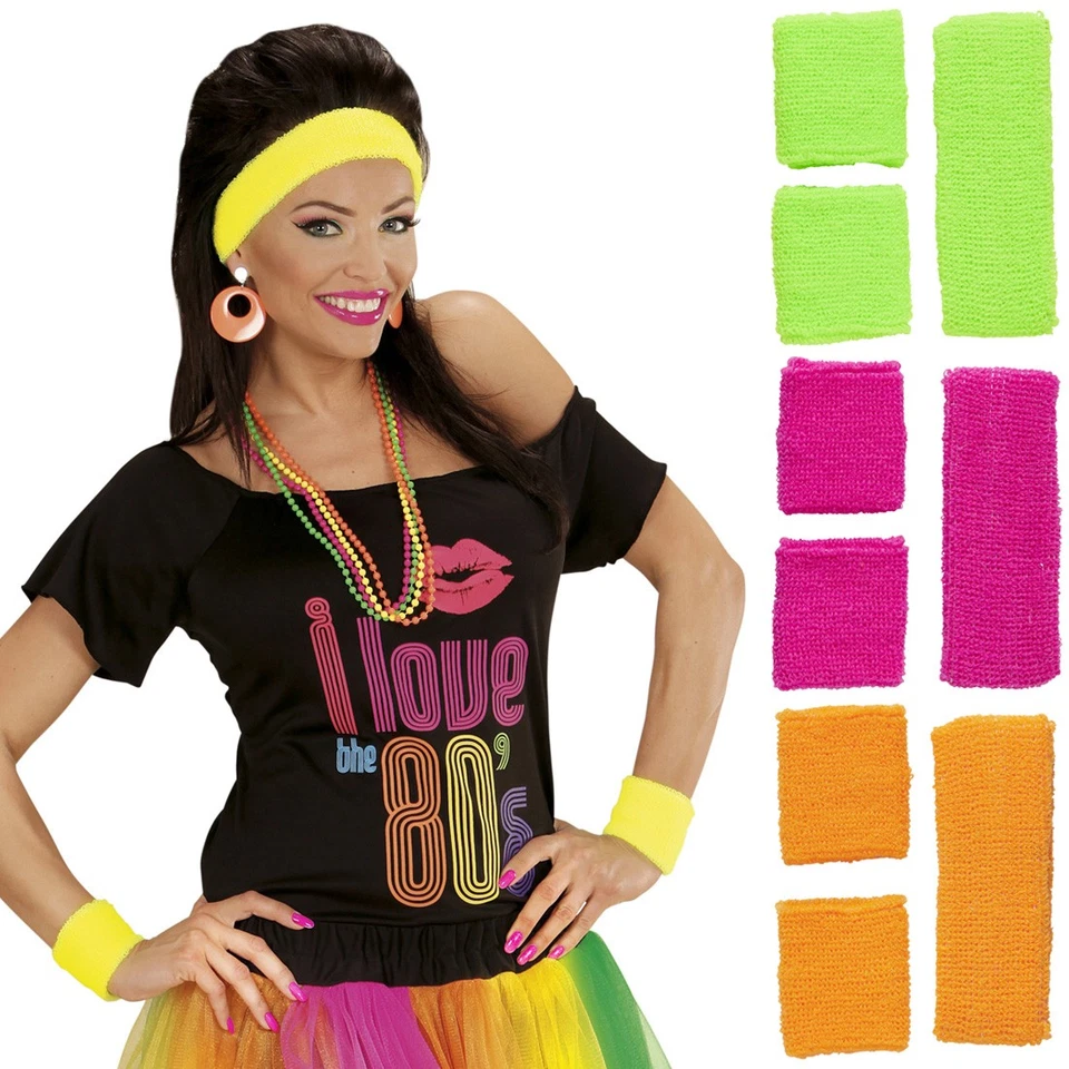 NET TOYS 80er Jahre Sport-Set Neon Schweißbänder Aerobic Stirnband Schweißband Kostüm