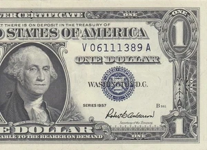 1957 UNITED STATES SILVER CERTIFICATE $1 "V" (( aUNC )) - Picture 1 of 6