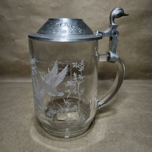 Vintage geätzter Glad Beer Stein Becher mit Zinndeckel Ente Stockente 6" Frankreich Deutschland - Bild 1 von 7