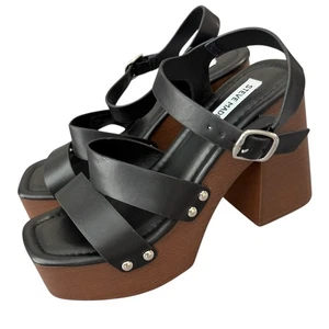 Steve Madden NWOB Dear Sandals Platform Black Strappy Block Heel Wood Size 7.5 - Picture 1 of 8
