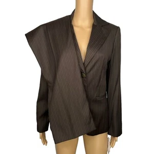 Sharagano Polyester Rayon Pant Suit Side 6 Brown Striped Notch Collar 2PC New - Picture 1 of 13