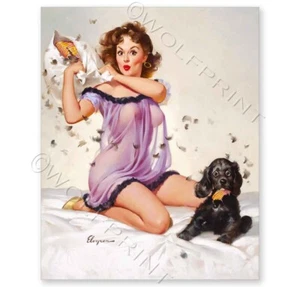 "Ticklish Situation" 1957 Elvgren Pillow Fight Dog Vintage Pin-Up Poster 8x10 - Picture 1 of 2