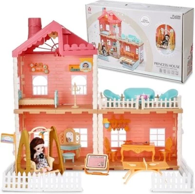 Puppenhaus Traumhaus für Mädchen Puppenhaus mit Licht und Puppen Möbel Haushalt - Bild 1 von 4