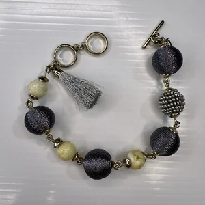 Banana Republic Knebel goldfarben Silber Perlen Stoff Glamour Retro Armband 8" - Bild 1 von 9