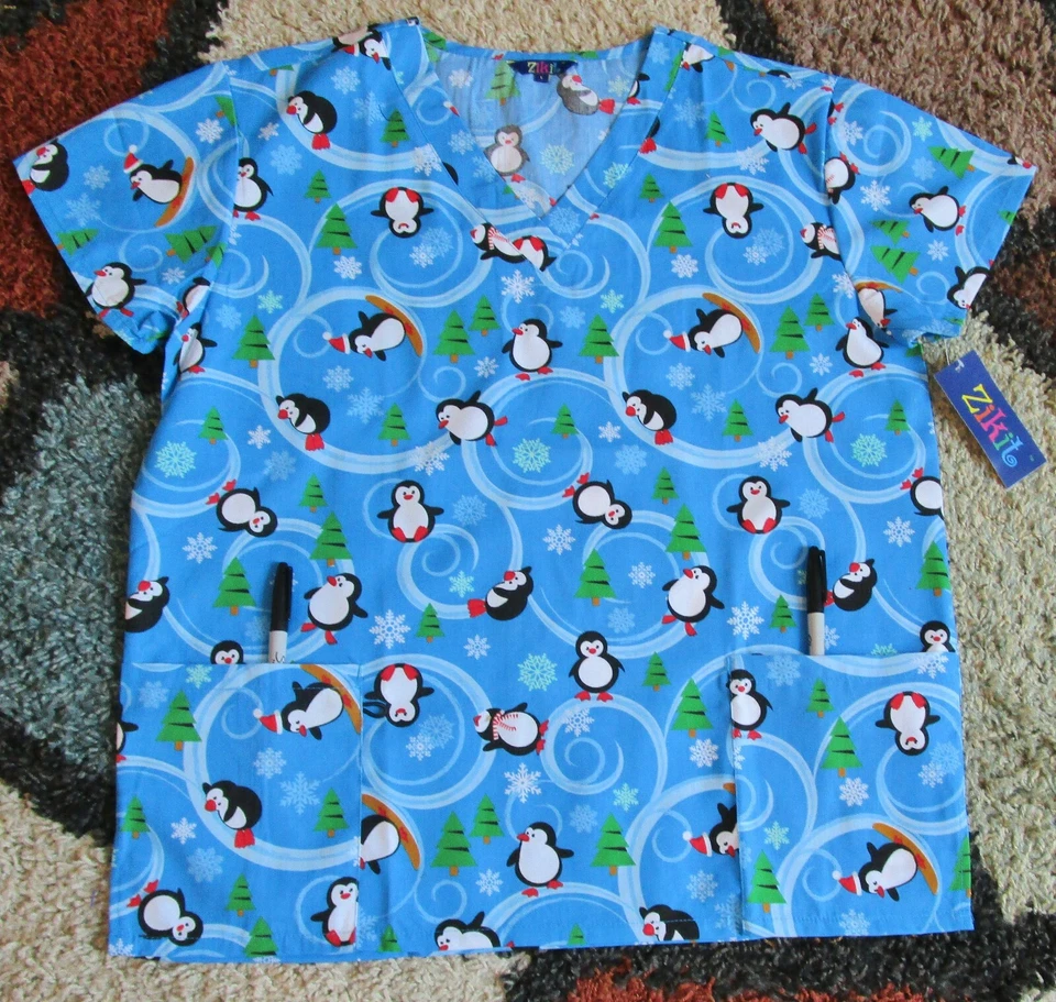 Christmas V Neck Scrub Top Bottom pockets Penguin & Xmas Tree Print Sz 2X - Image 1 of 4