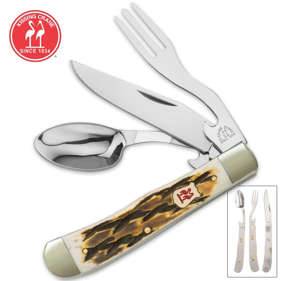 Kissing Crane Burnt Bone Hobo Pocket Knife Camp Dining Set Tool Spoon Fork NEW - Image 1 of 3