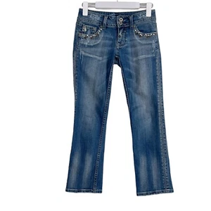 Miss Me Heart Charm Embellished Low Rise Blue Denim Cropped Capri Jeans Size 25 - Picture 1 of 12