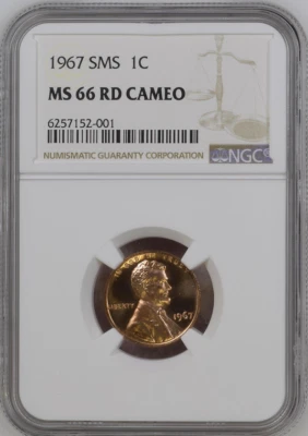 :1967 SMS 1C LINCOLN CENT NGC MS66RD CAMEO BRIGHT RED RARITY R5 HIGHEST GRADES - Image 1 of 2