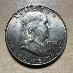 1948 Franklin Half Dollar 50¢ - Raw BU Cartwheel Luster, Original Color & Skin - Picture 1 of 2