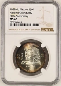 MEXICO 50 Pesos 1988 Silver NGC MS66 National Oil Industry 50th Anniversary - Picture 1 of 11