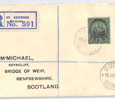 BERMUDA KGV Cover 1s SHIP *St Georges* 1928 Reg'd Scotland Bridge of Weir YJ127 - Image 1 of 4