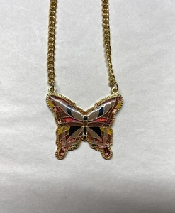 Vintage Enamel Butterfly 1970's Pendant Necklace Tan/Red/Black- 20" chain - Picture 1 of 4