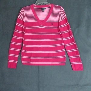 US Polo Assn Sweater Womens M Pink White Striped Knit Long Sleeve Coastal Preppy - Picture 1 of 7