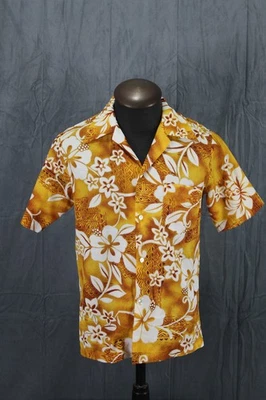 Camisa Hawaiana Vintage - Pomare Estampado Floral Tostado, Amarillo y Blanco - MED Para Hombre Foto 1 de 4
