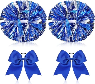 4 Pcs Cheerleading Pom Poms with Baton Handle and Cheerleader Hair Bows, Blue  - Image 1 of 4