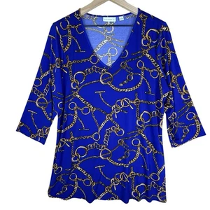 Top Susan Graver donna grande blu scollo a V catena tunica maglia liquida silenzioso lusso - Foto 1 di 11