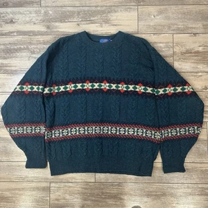 Vintage Lobo by Pendleton Sweater Mens Large Green Wool USA 90s Aztec Pattern - Picture 1 of 5