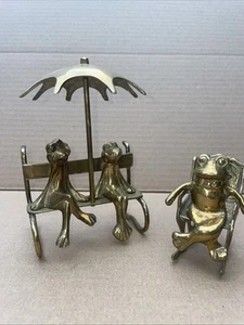 VTG Brass Frogs Sitting Under an Umbrella on a Bench & A Frog On Rocking Chair - Picture 1 of 15
