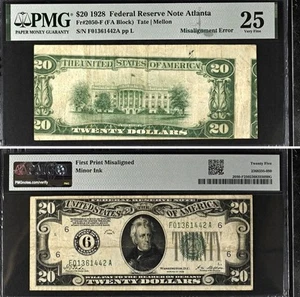 Rare 1928 MISALIGNment ERROR numeral $20 note PMG 25 - Picture 1 of 3
