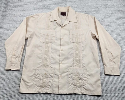 Maximos Yucatan Guayabera Shirt Mens Small Beige Embroidered Long Sleeve Mexico - Image 1 of 4
