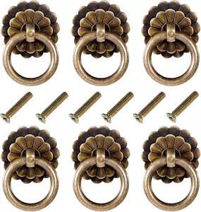 6 Stück Antik Messing Schrankgriffe Vintage Schublade Ring Knöpfe Griffe - Bild 1 von 12