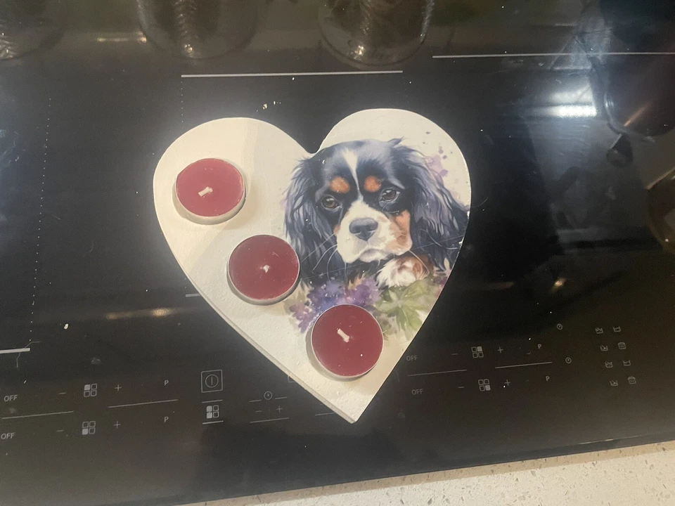 1 X Heart Shaped Tea Light Holders Decoupage  18mm MDF 20cms Wide King Charles - Image 1 of 1