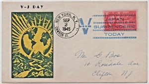 WW2 Patriotic, VJ-DAY Japan Surrenders Today, New York-NY. to Clifton NY, Fancy - Picture 1 of 2