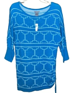New Direction Womens Blue Aztec Size M Tribal Pullover Sweater 3/4 Sleeve NWT - Picture 1 of 10