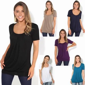 Womens Ladies Pleated T Shirt Long Blouse Loose Jersey Top Plain Tunic Plus 8-20 - Picture 1 of 17