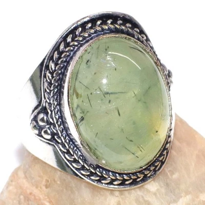 925 Silver Plated Hot Deal Moss Prehnite Ethnic Ring Jewelry Size US 8 JW - Image 1 of 3