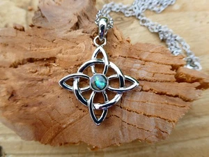 Celtic Good Luck Knot Blue Green Abalone Paua Shell Pendant 17.5" Necklace Box - Picture 1 of 10