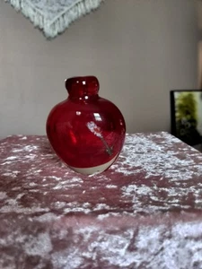 Vintage Cherry Red Art Glass Heavy Perfume Bottle w/ Flower - No Stopper - Picture 1 of 6