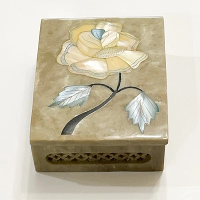 Vtg Marble Stone Mother of Pearl Inlay Floral Trinket Box India Rectangle 4”x3” - Image 1 of 4