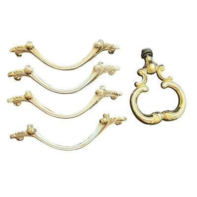 5 Brass Ivory Provincial Cabinet Furniture Hardware drawer pulls Vintage 1970s  - Image 1 of 4