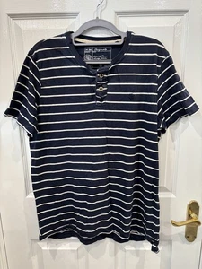 FAT FACE Mens T-Shirt Top Navy Blue/White Stripe Grandad style button front sz M - Picture 1 of 4